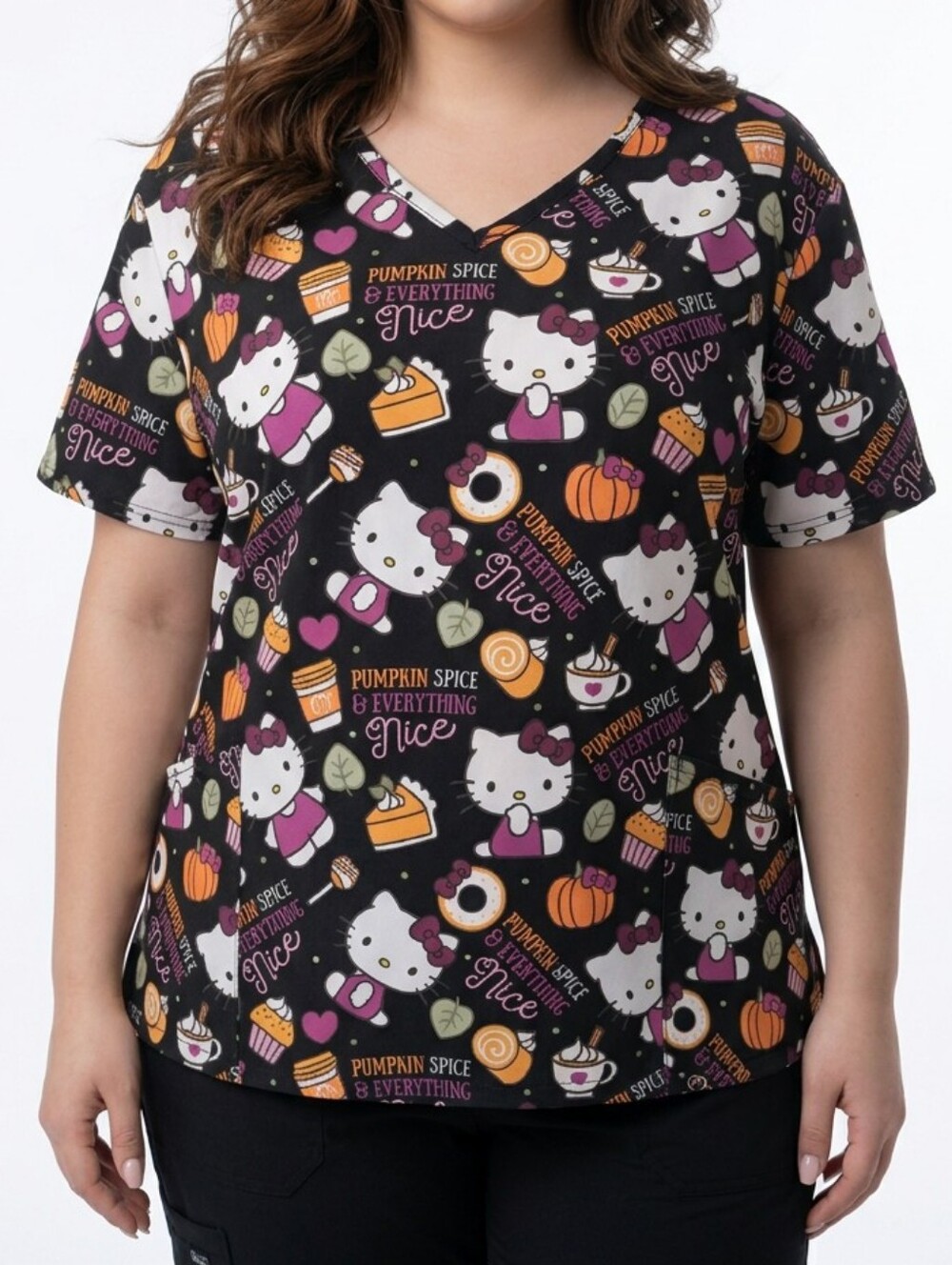 Hello Kitty Pumpkin Spice V-Neck Short Sleeve Scrub Top Size 2X